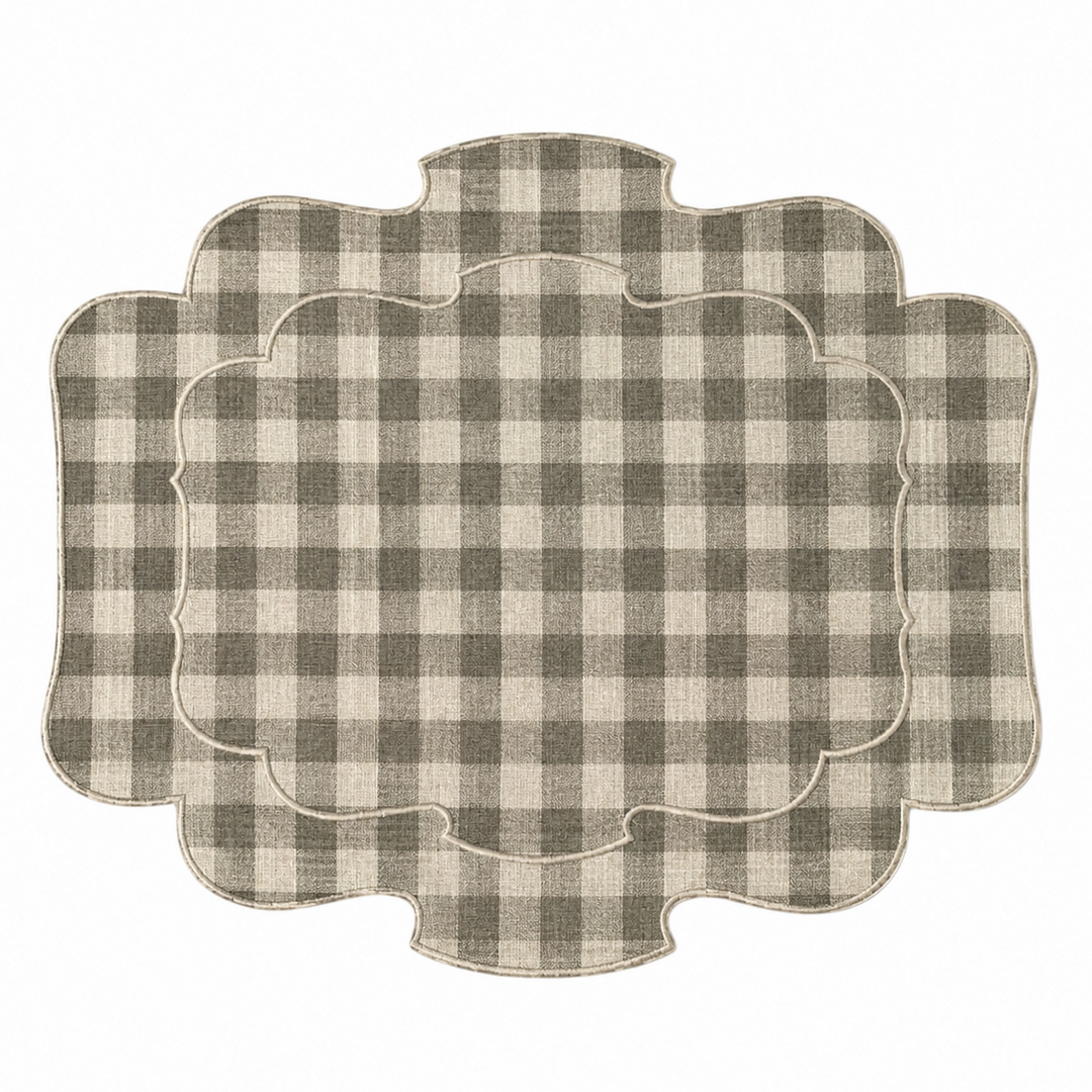 Set de 2 sets de table ovales Vichy gris/lin