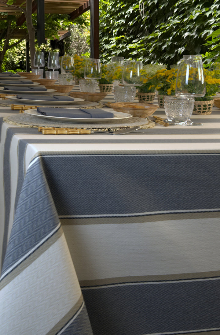 Resin-Coated Grey Stripe Tablecloth